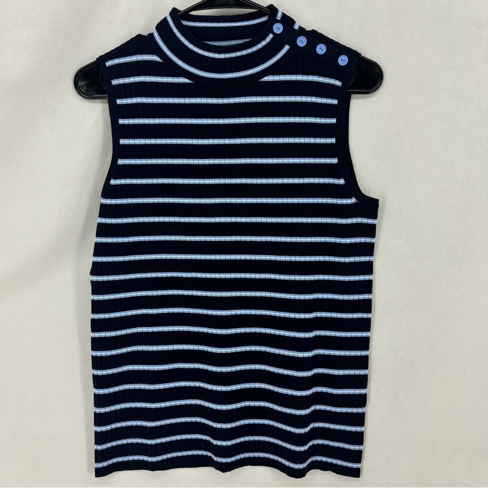 Talbots Women’s Medium Navy Blue Sky Stripes Sleeveless Mock Turtleneck Top
